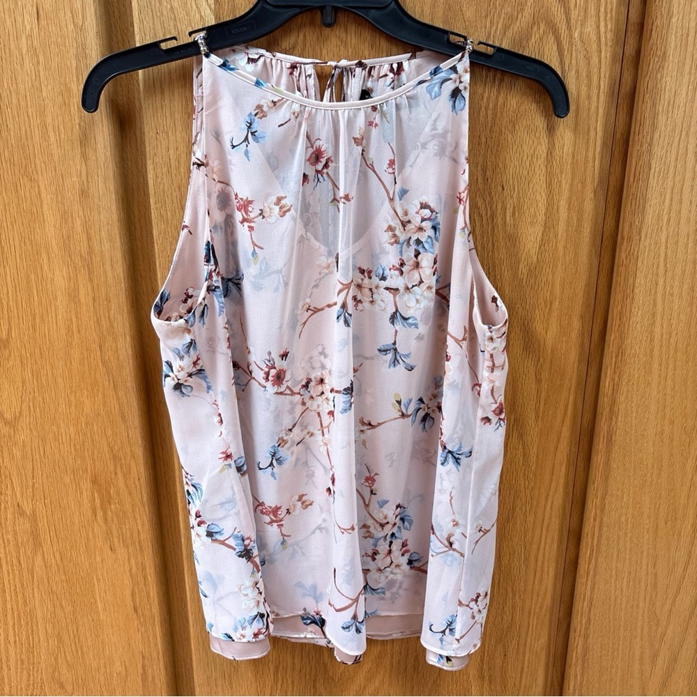 White House Black Market Pink Floral Sleeveless Blouse Overlay Flyaway S